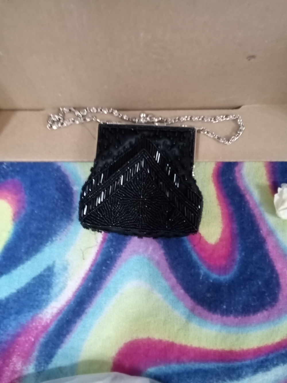 Black Beaded Evening Clutch with Silver Chain Strap